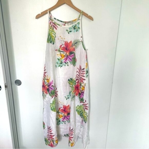 Lungo L'Arno Italian Linen‎ Tropical Print White MIDI Dress Size Small - Picture 1 of 8